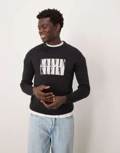 Calvin Klein Jeans Box Logo Knit Jumper In Black For Men Ck Black