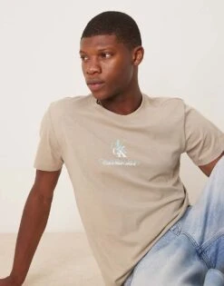 Calvin Klein Jeans Shadow Logo T-shirt In Beige And Aqua Blue For Men Aluminum