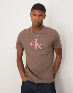 Calvin Klein Jeans Large Monologo T-shirt In Brown And Pink For Men Chocolate Chip