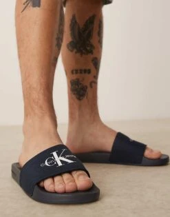 Calvin Klein Jeans Large Logo Sliders In Navy For Men Triple Calvin Navy