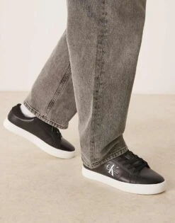 Calvin Klein Jeans Classic Cupsole Leather Trainers In Black And White For Men Black/bright White