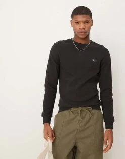 Calvin Klein Jeans Woven Label Waffle Long Sleeve Top In Black For Men Ck Black