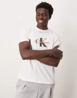 Calvin Klein Jeans Large Logo T-shirt In White And Red For Men Bright White