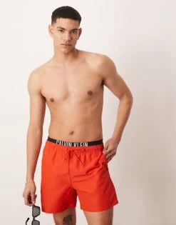 Calvin Klein Jeans Double Waistband Swim Shorts - Intense Power In Flaming Chili For Men